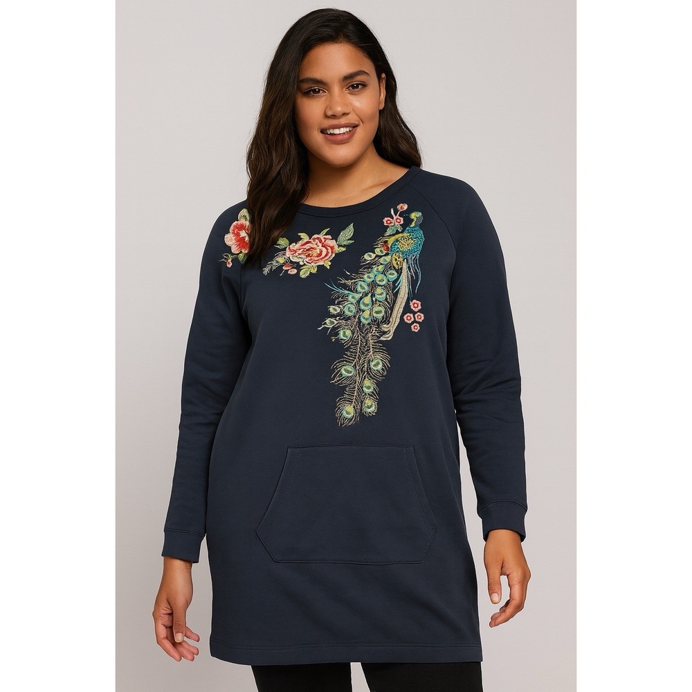Driftwood Layla XS Dress Tunic Navy Blue Cotton‎ Embroidered Peacock Floral Boho